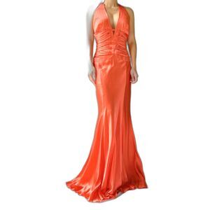 CACHE VTG Gown Silk Coral Formal Plunge neckline Ribbon bodice Size 8 Prom HOCO